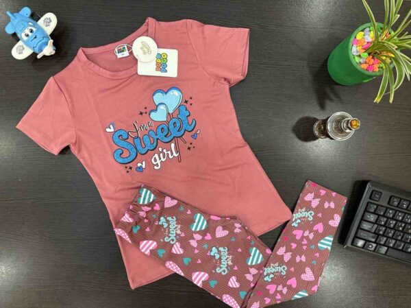 Sweet Girl Long Pants And Short Sleeve Top Snug Fit Pajama Set - Image 3