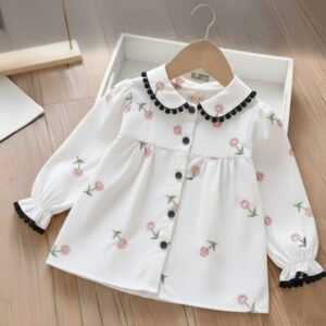 Floral Embrodery Baby Girl Cotton Top with Peter Pan Collar